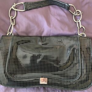 Kooba Designer Black Grid Shoulder Bag with Silver Chain